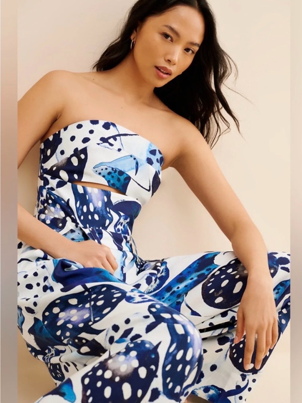 FARM Rio White and Blue Strapless Jumpsuit with Cutout